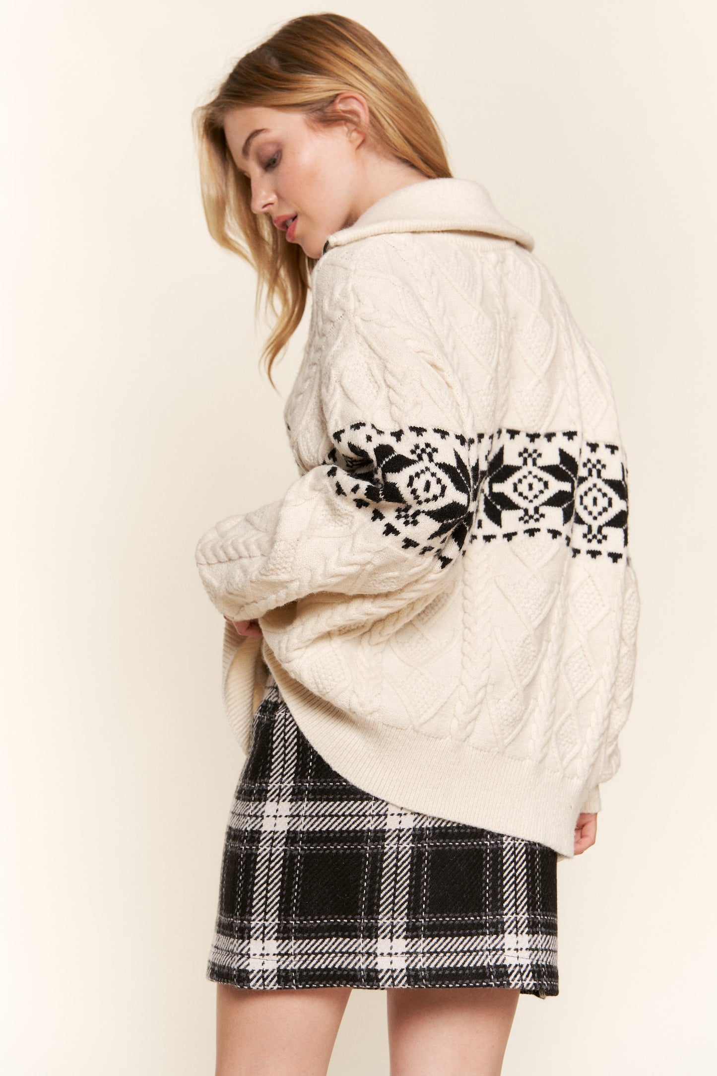 Half Zip-Up Snowflake Cable Knit Holiday Sweater