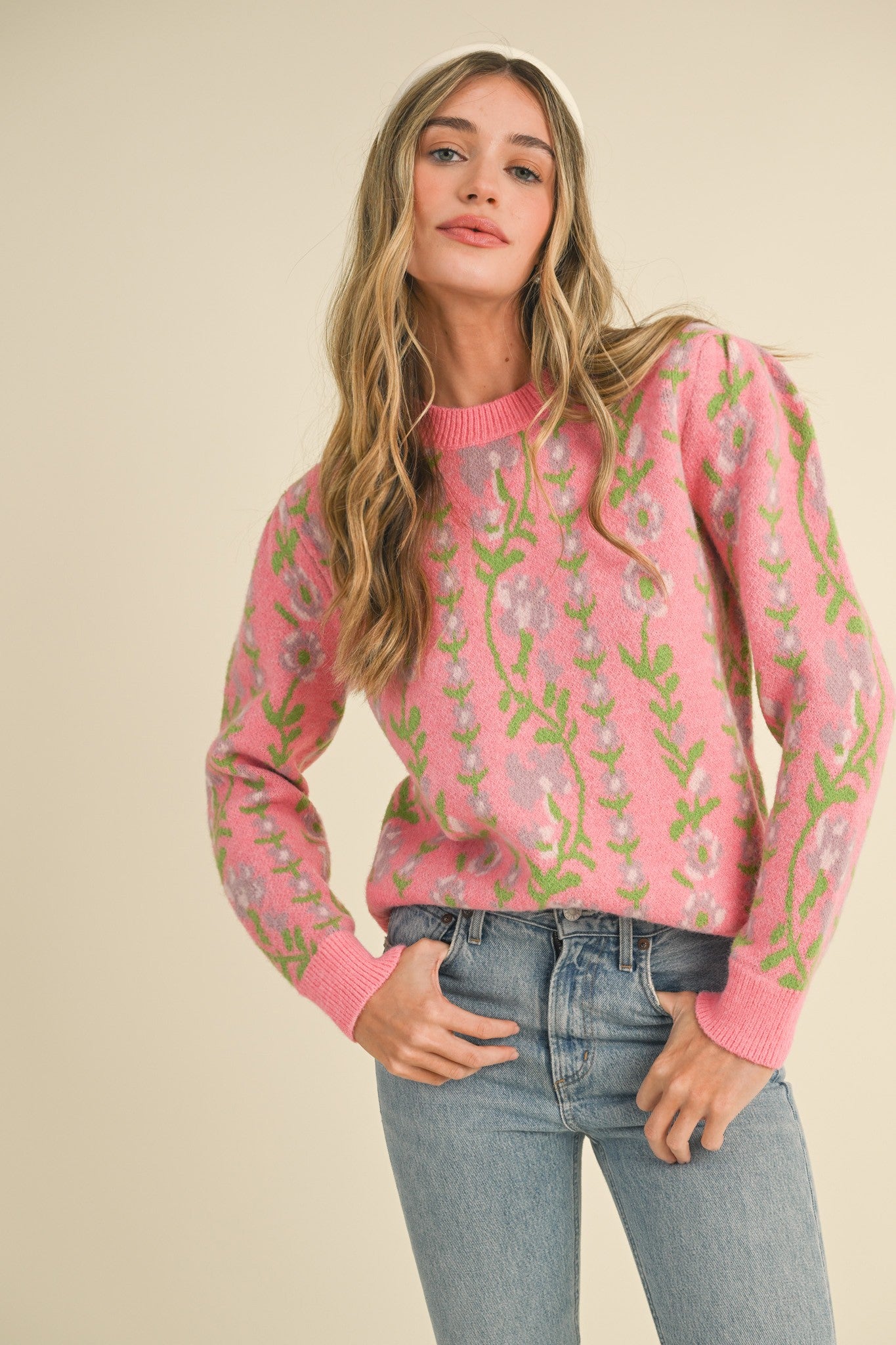 Floral Knit Sweater Pink