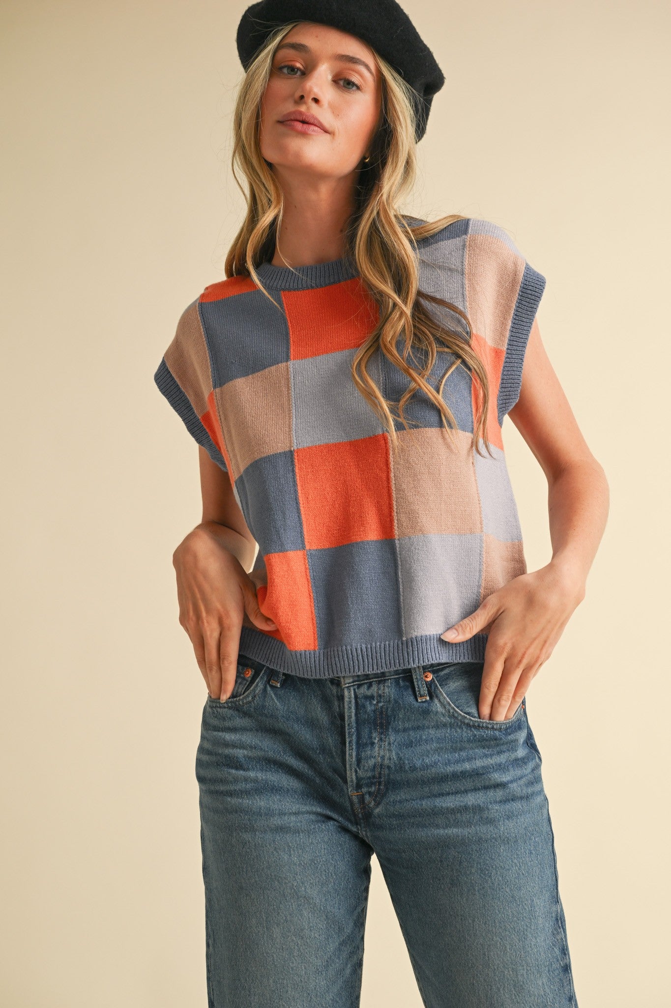Checkered Sweater Vest Denim Blue