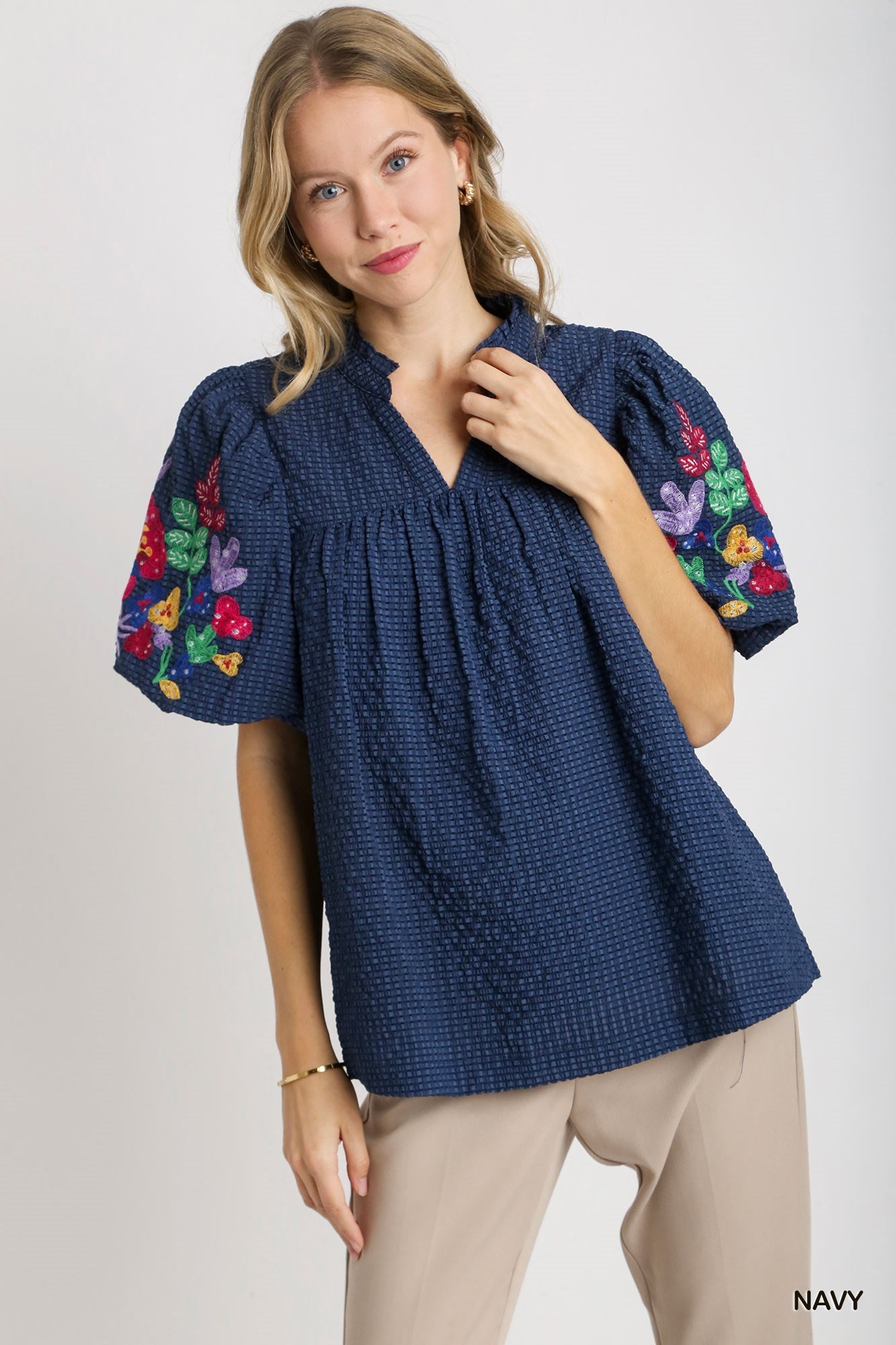 Seersucker Embroidered Top Navy