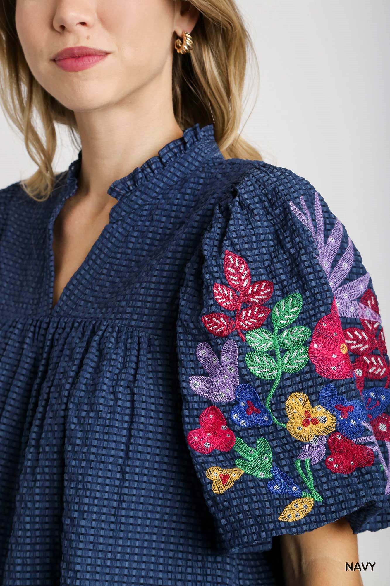 Seersucker Embroidered Top Navy