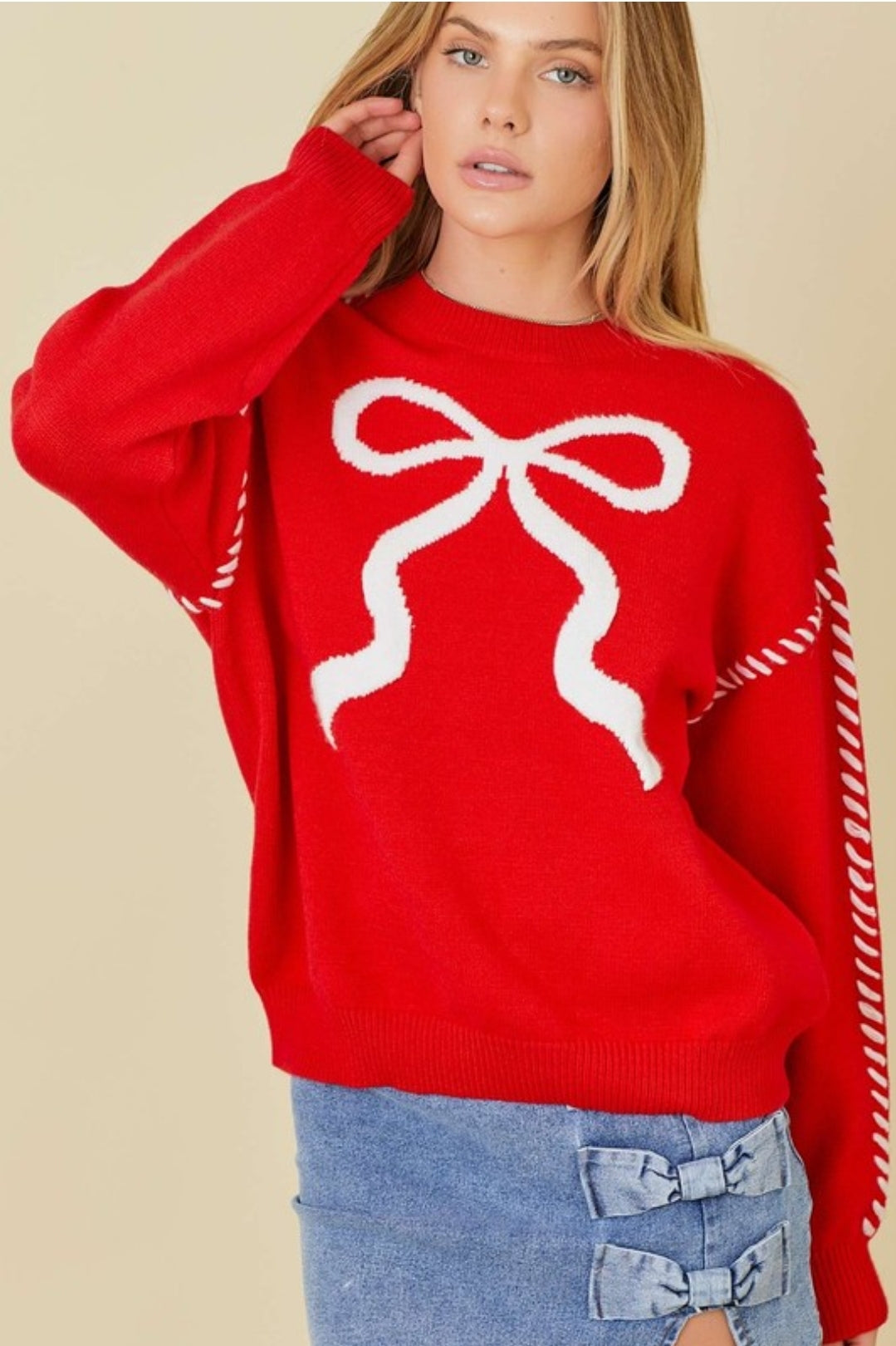 Red Stitched Bow Sweater Red