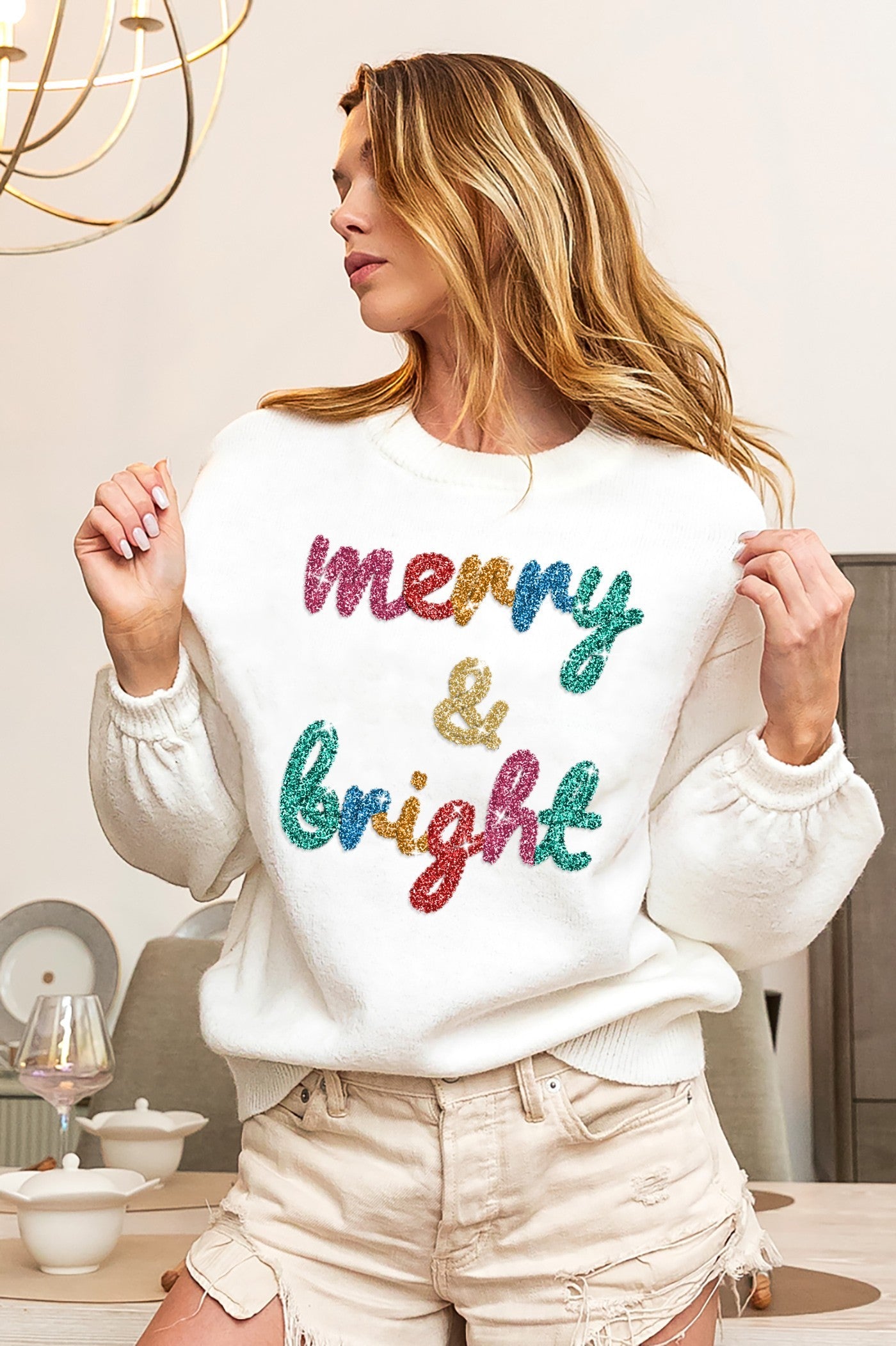 Merry & Bright Tinsel Sweater White