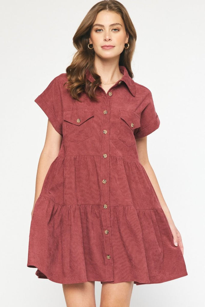 Raspberry Corduroy Dress with Fabric Collar