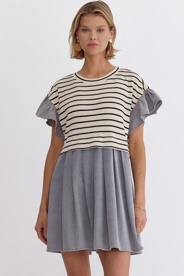 Cream Striped Denim Dress