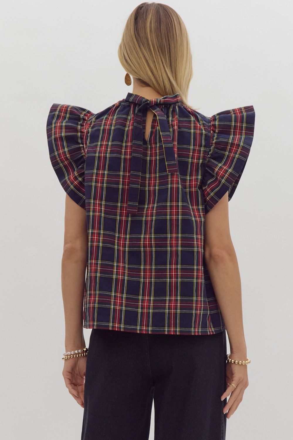 Festive Night Flutter Sleeve Plaid Top Navy