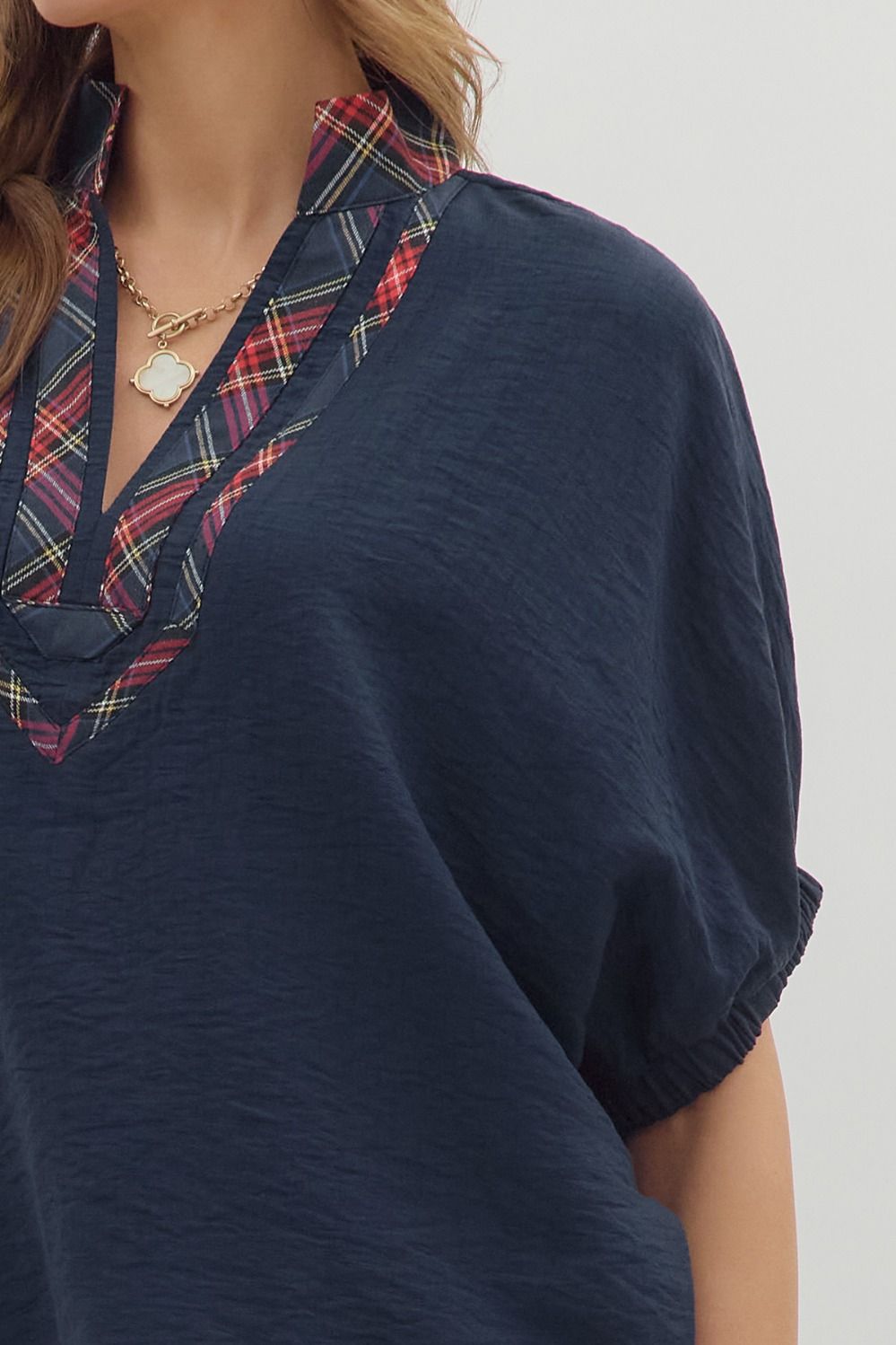 Holiday Tartan Trim Top Navy Blue
