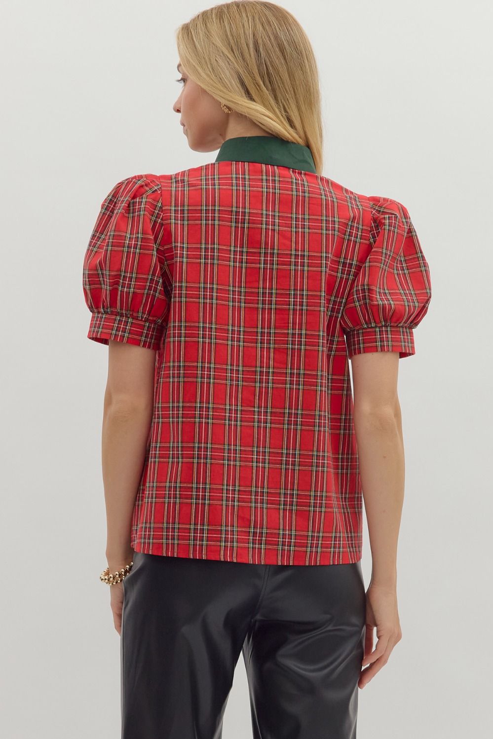 Holiday Plaid Top with Contrast Trim Red
