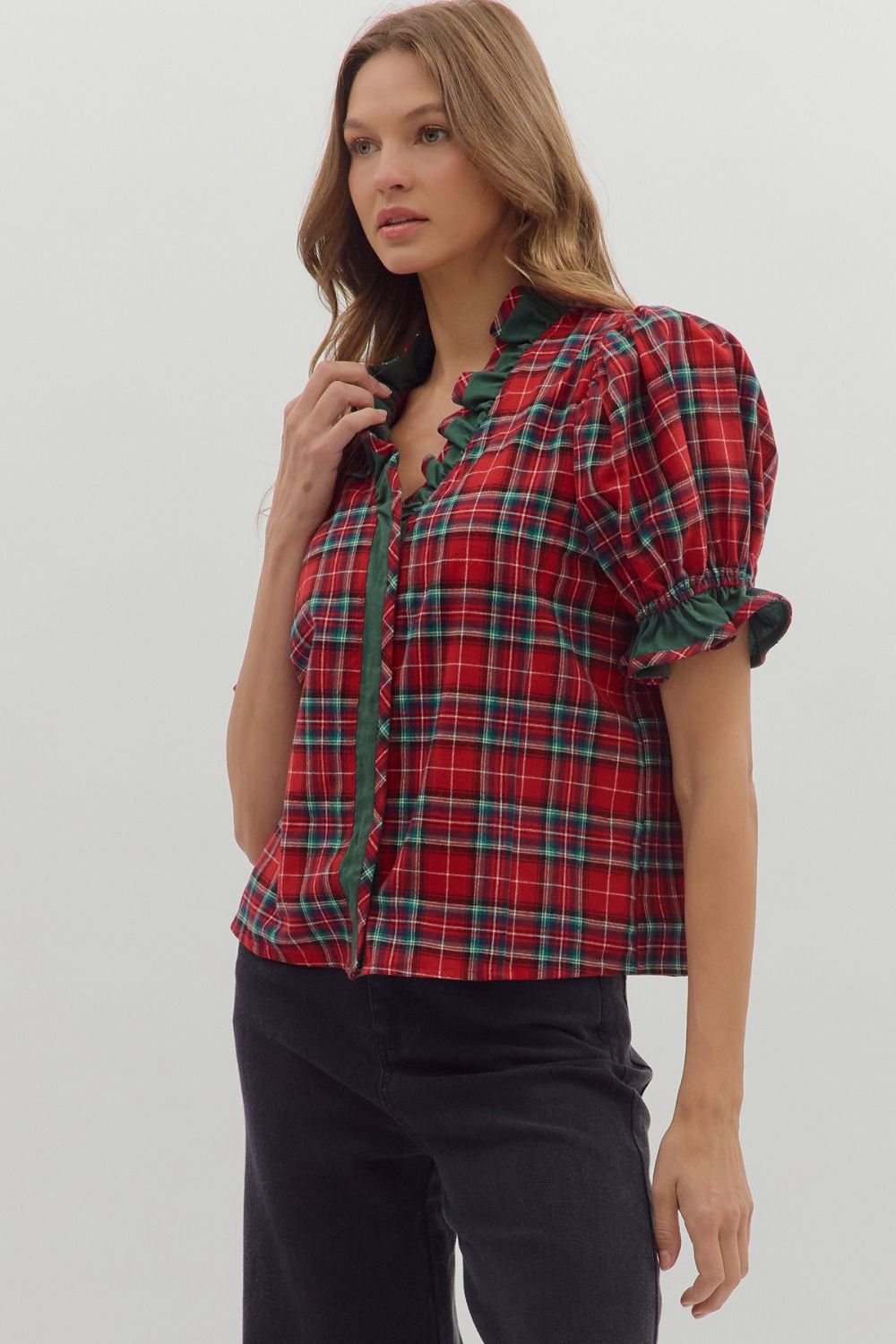 Holiday Heart Plaid Top with Ruffle Red