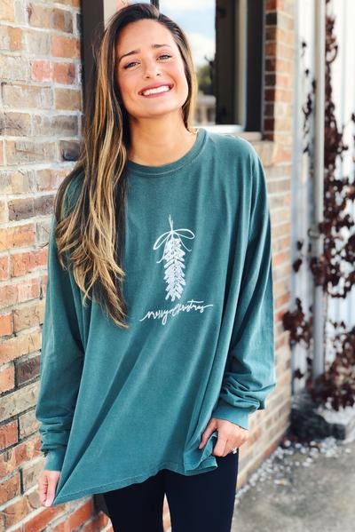Merry Christmas Mistletoe Long Sleeve Tee Green