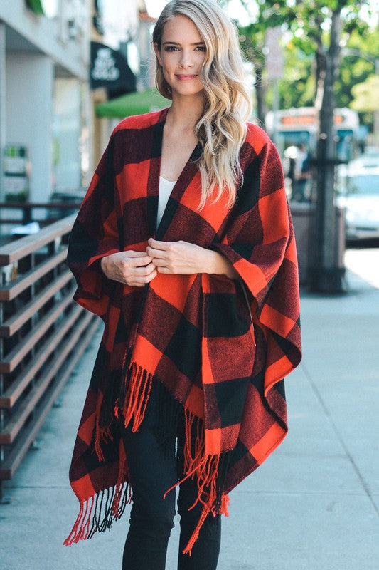 Buffalo Check Tassel Poncho Red and Black