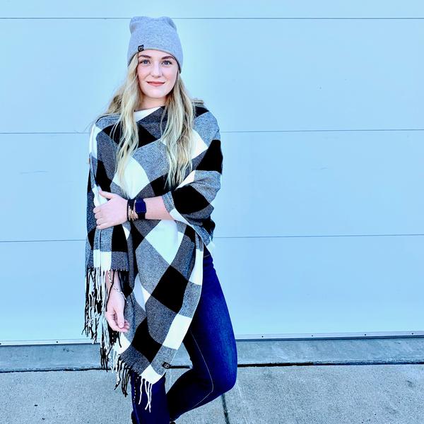 Button Shawl Scarf Buffalo Check White
