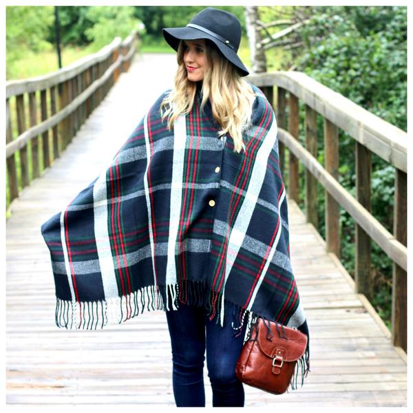Button Plaid Shawl Scarf Navy