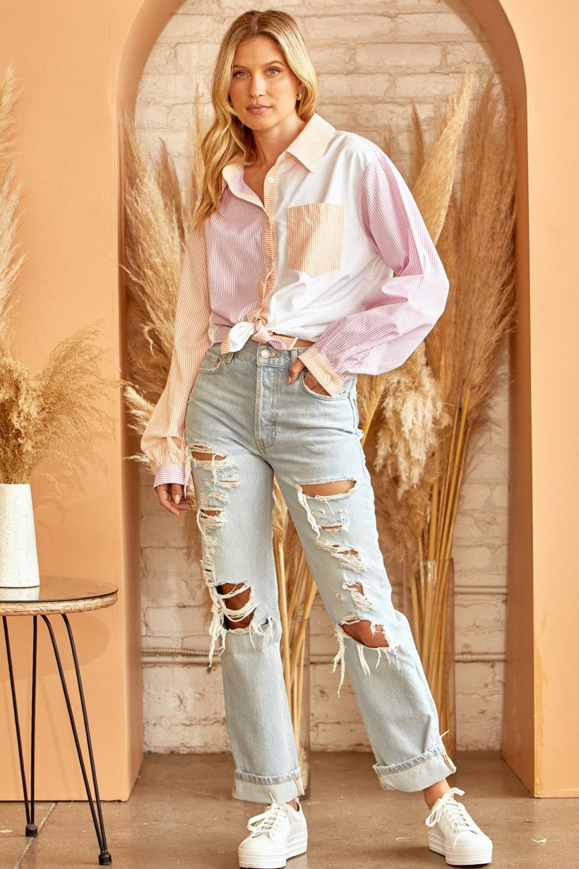 Pink and Orange Colorblock Button Down Top