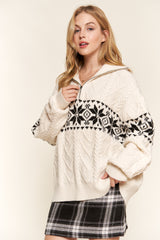 Half Zip-Up Snowflake Cable Knit Holiday Sweater