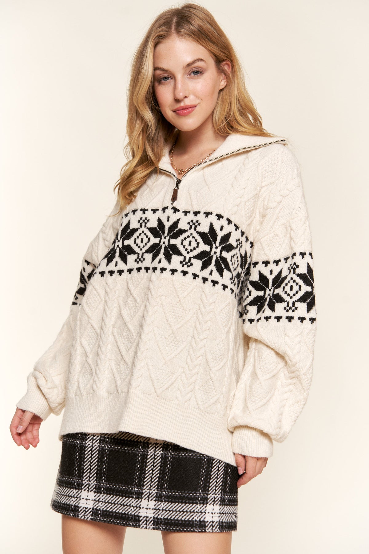 Half Zip-Up Snowflake Cable Knit Holiday Sweater