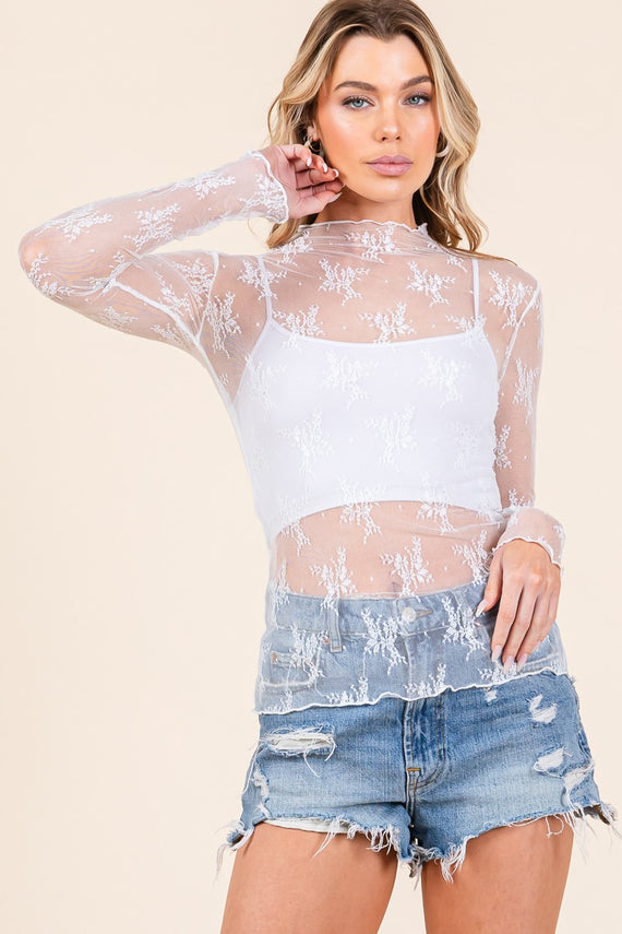 Long Sleeve Floral Lace Top White