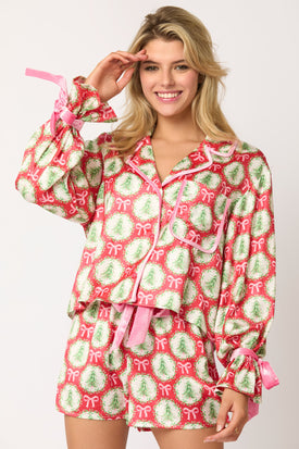 Satin Christmas Tree & Bow Pajama Set