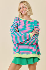 Oversized Striped Crewneck Pink and Turquoise