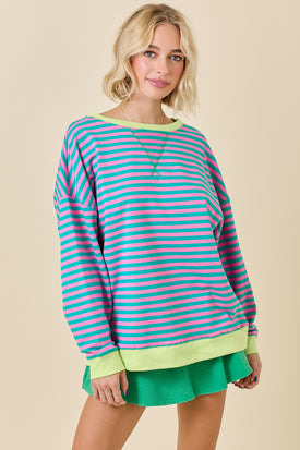 Oversized Striped Crewneck Pink and Turquoise