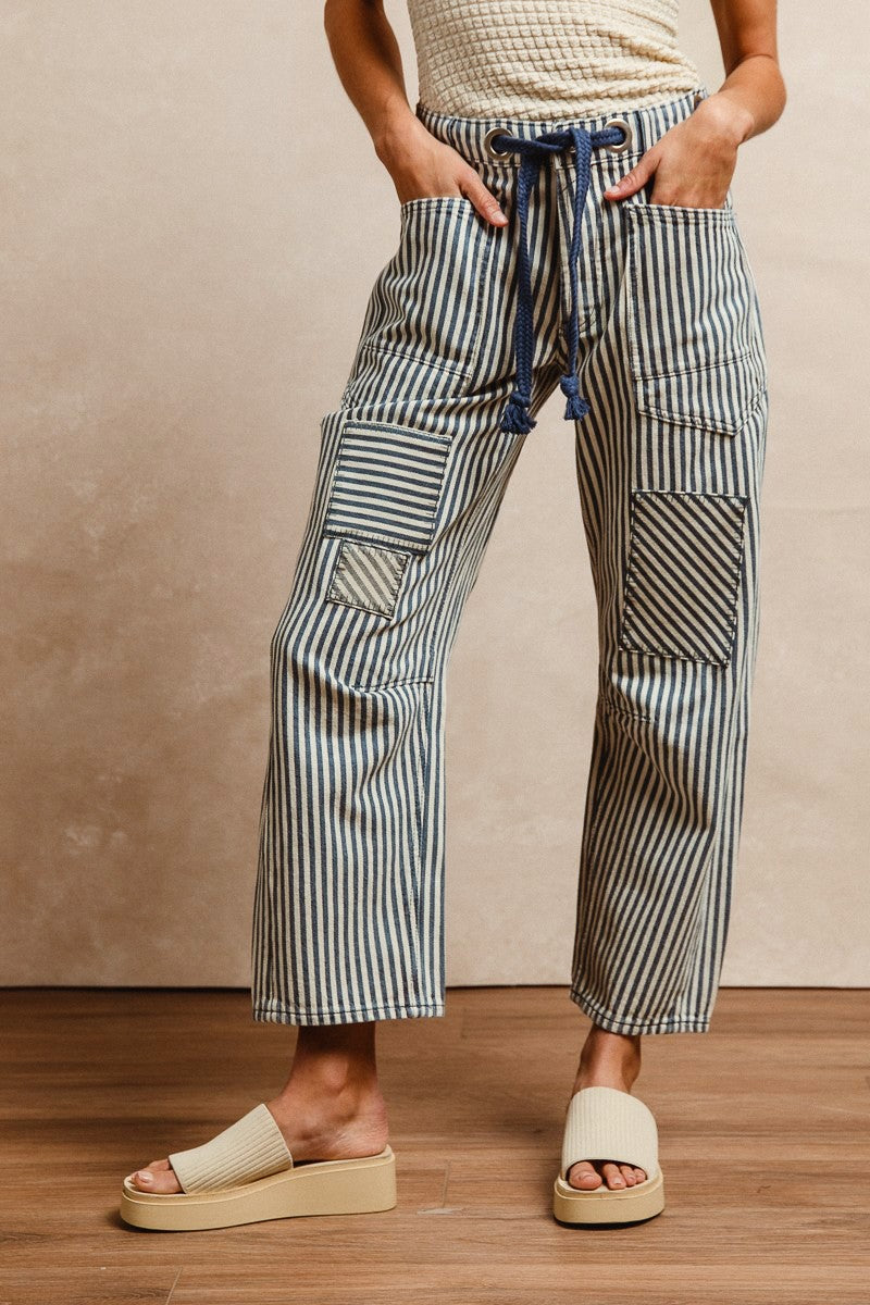 Striped Twill Barrel Pants Navy