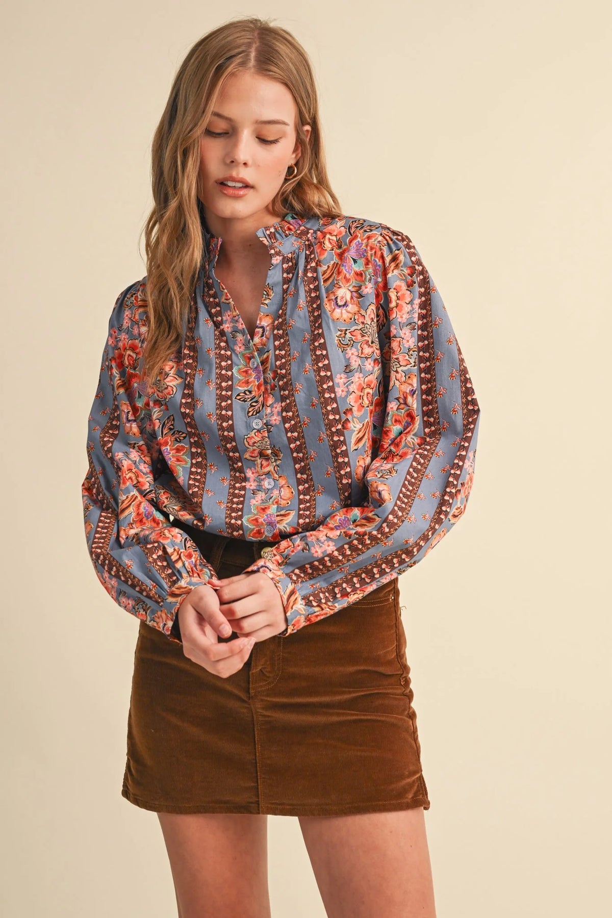 Ruffle Neck Floral Top Dusty Blue