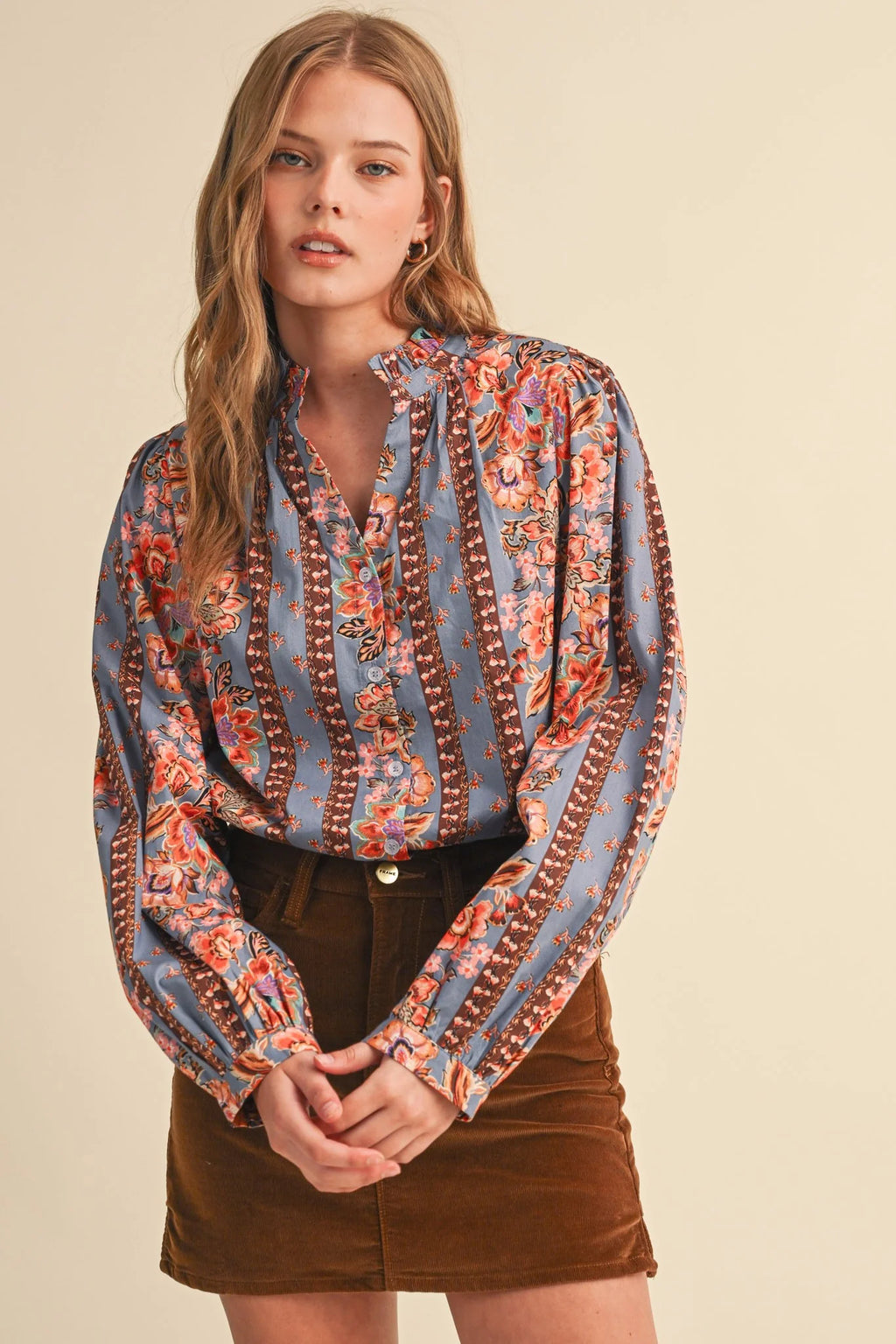 Ruffle Neck Floral Top Dusty Blue