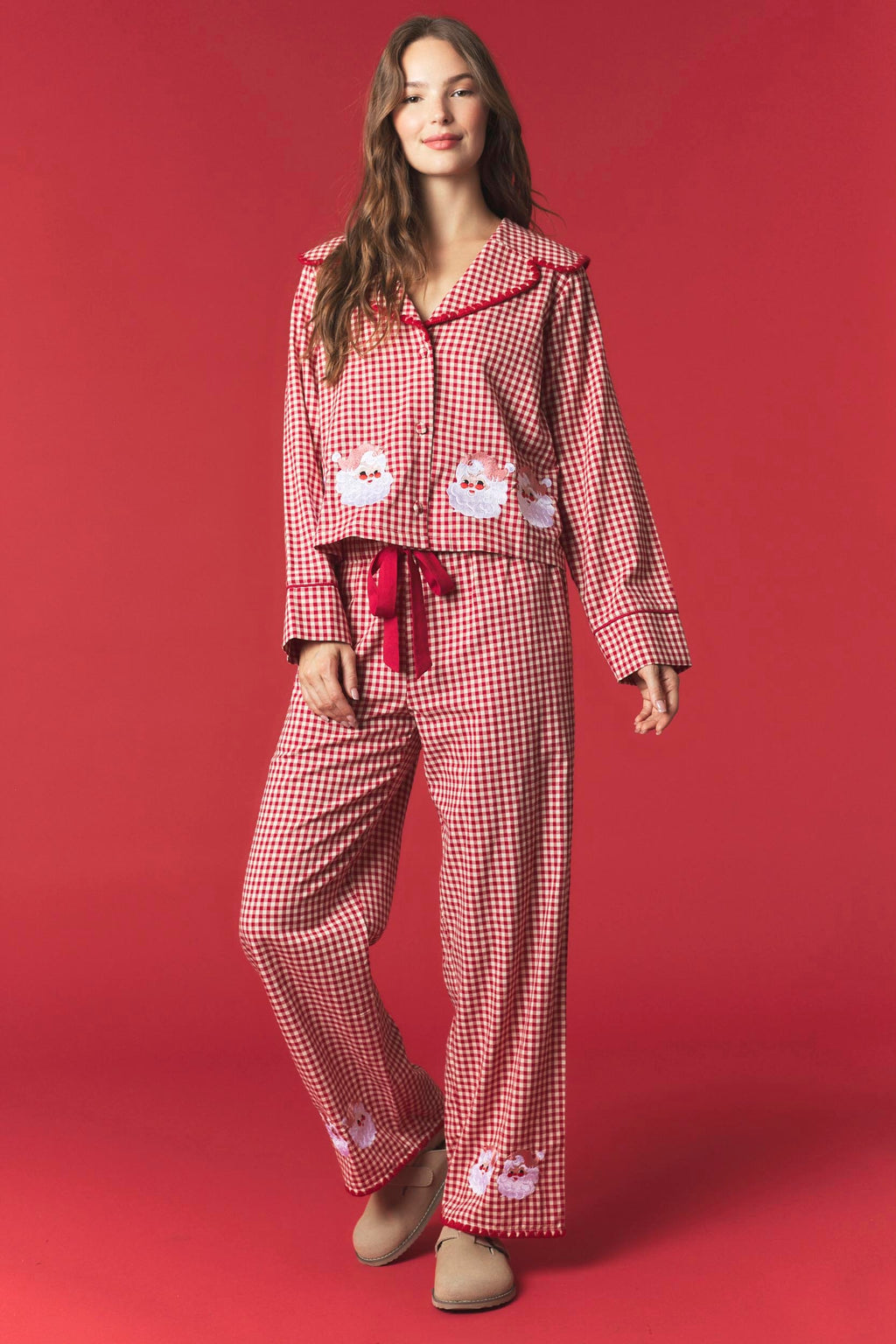 Cute Santa Gingham Christmas Pajamas Red