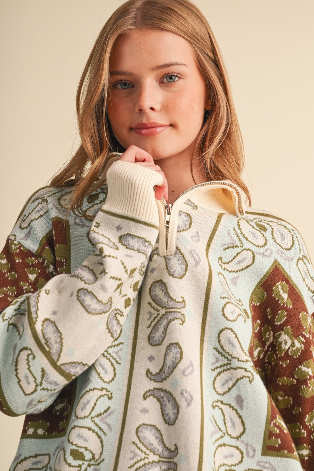 Paisley Knit Half Zip Pullover Sweater Brown