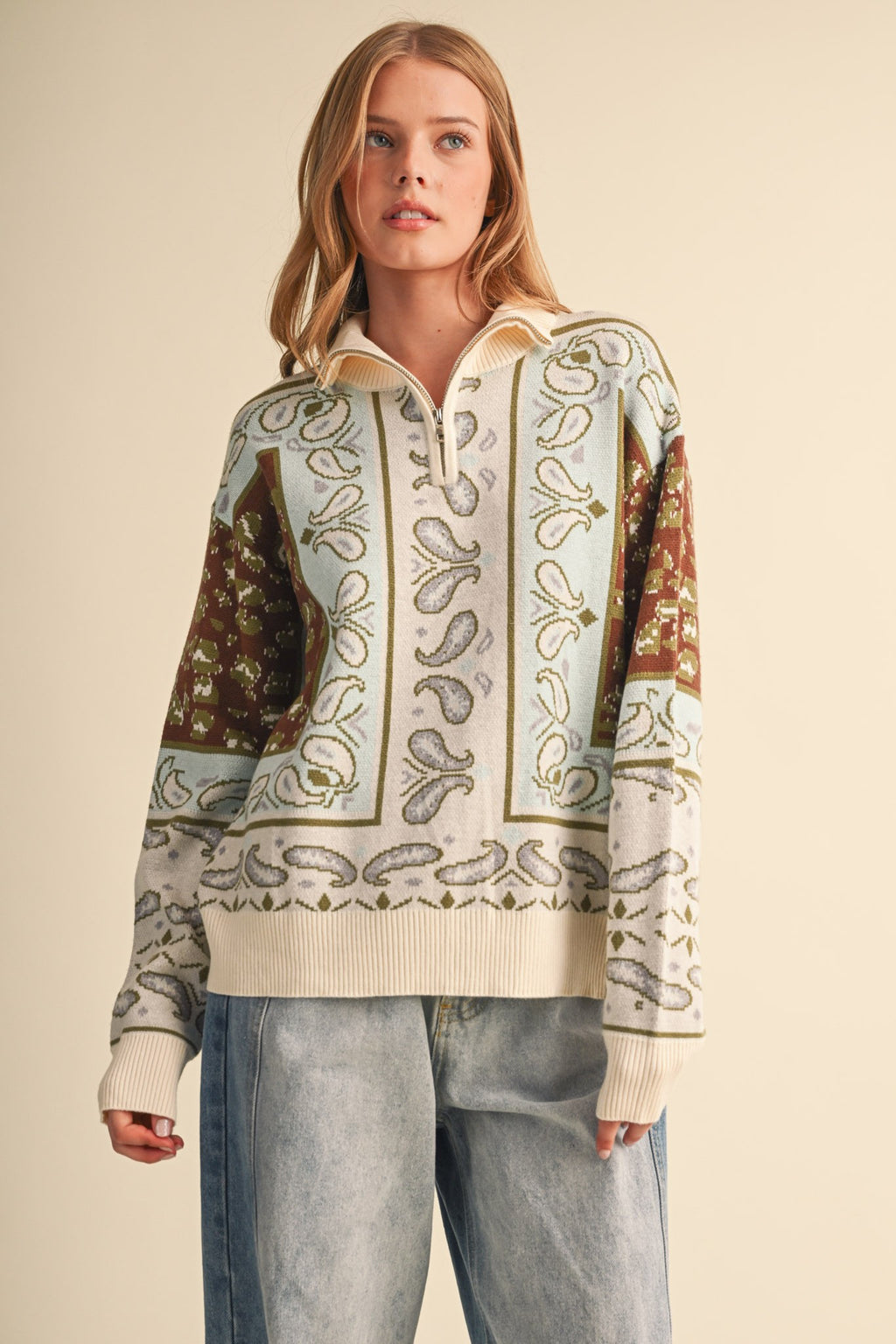 Paisley Knit Half Zip Pullover Sweater Brown