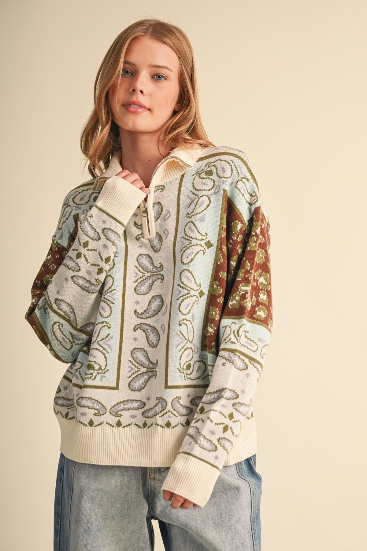 Paisley Knit Half Zip Pullover Sweater Brown