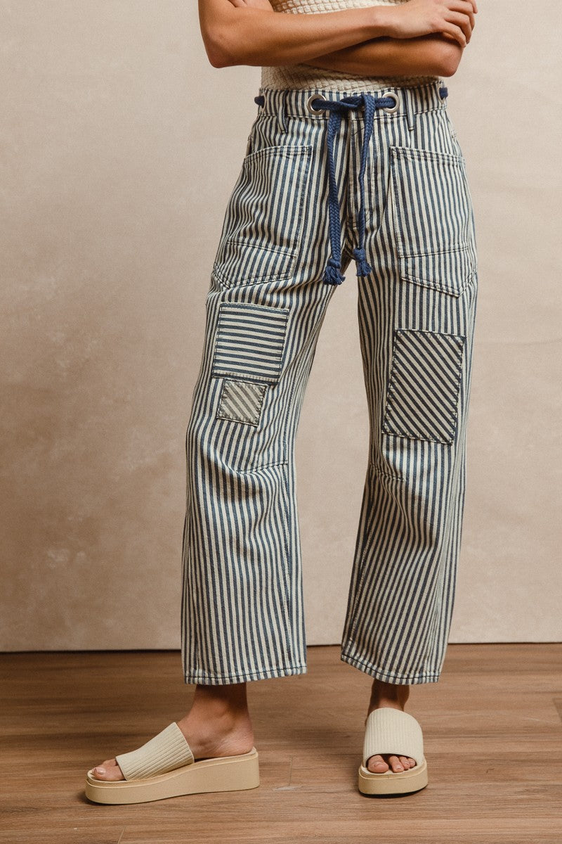 Striped Twill Barrel Pants Navy