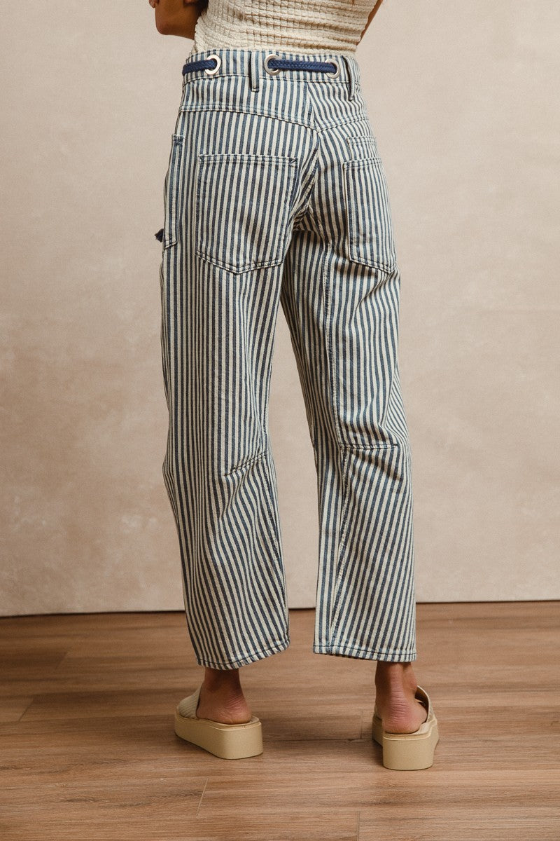 Striped Twill Barrel Pants Navy