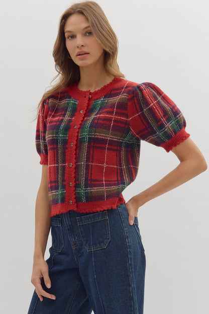 Elyse Plaid Cardigan Top Red