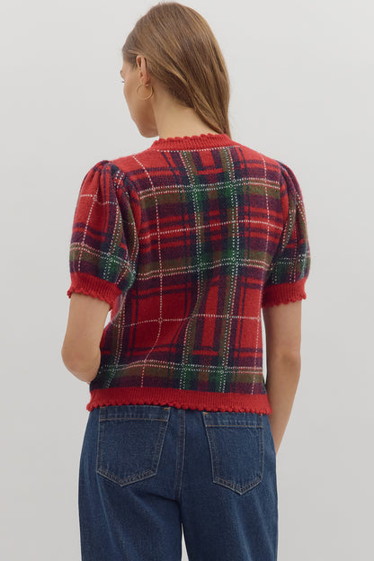 Elyse Plaid Cardigan Top Red