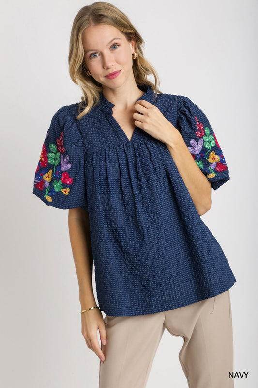 Seersucker Embroidered Top Navy