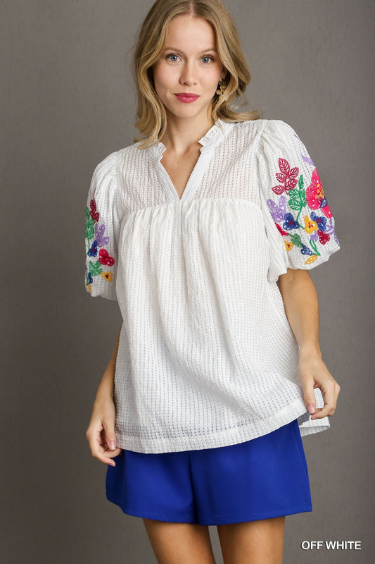 Seersucker Embroidered Top White