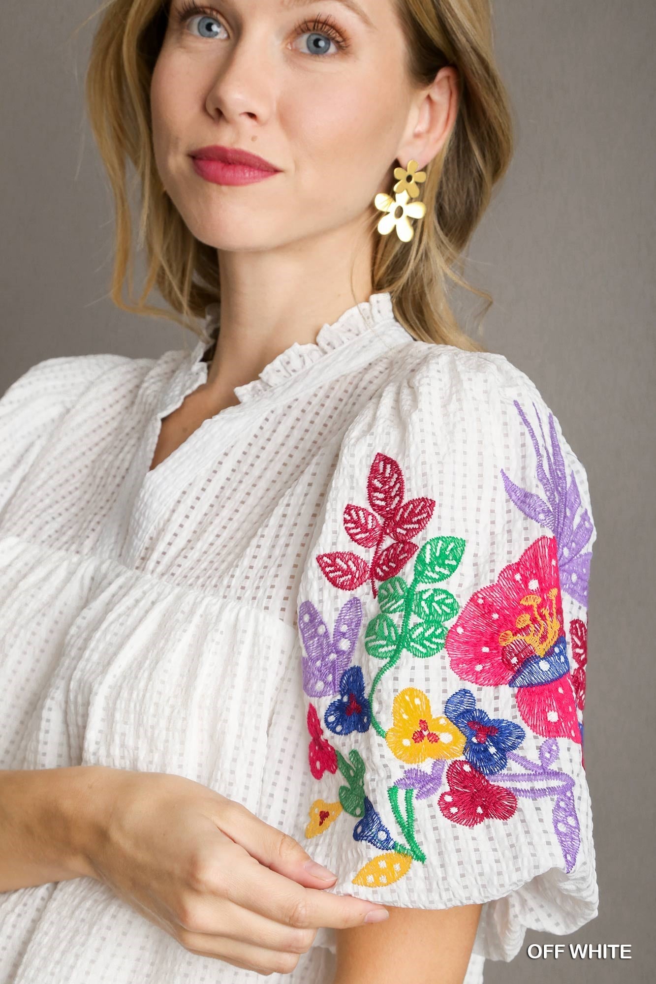 Seersucker Embroidered Top White