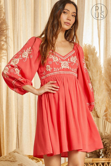 Embroidered Babydoll Dress Coral