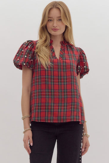 Pearl Sleeve Holiday Plaid Top