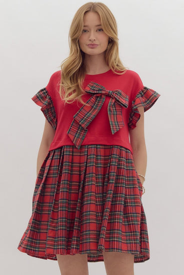 Holiday Bow Plaid Dress Red