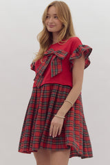 Holiday Bow Plaid Dress Red