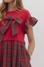 Holiday Bow Plaid Dress Red