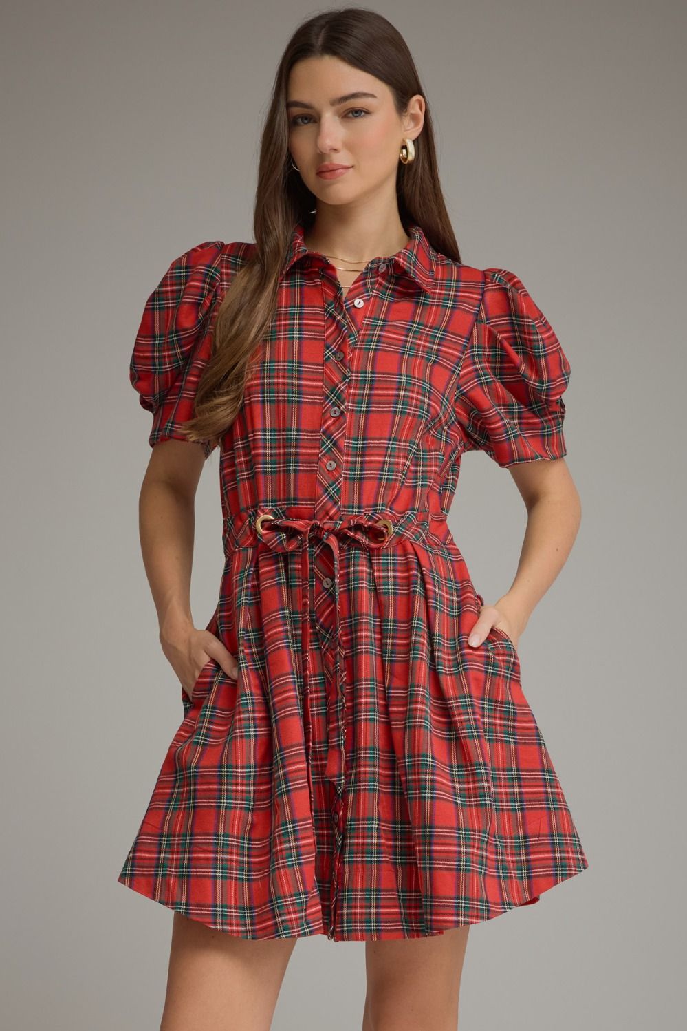 Pretty in Plaid Puff Sleeve Dress Red