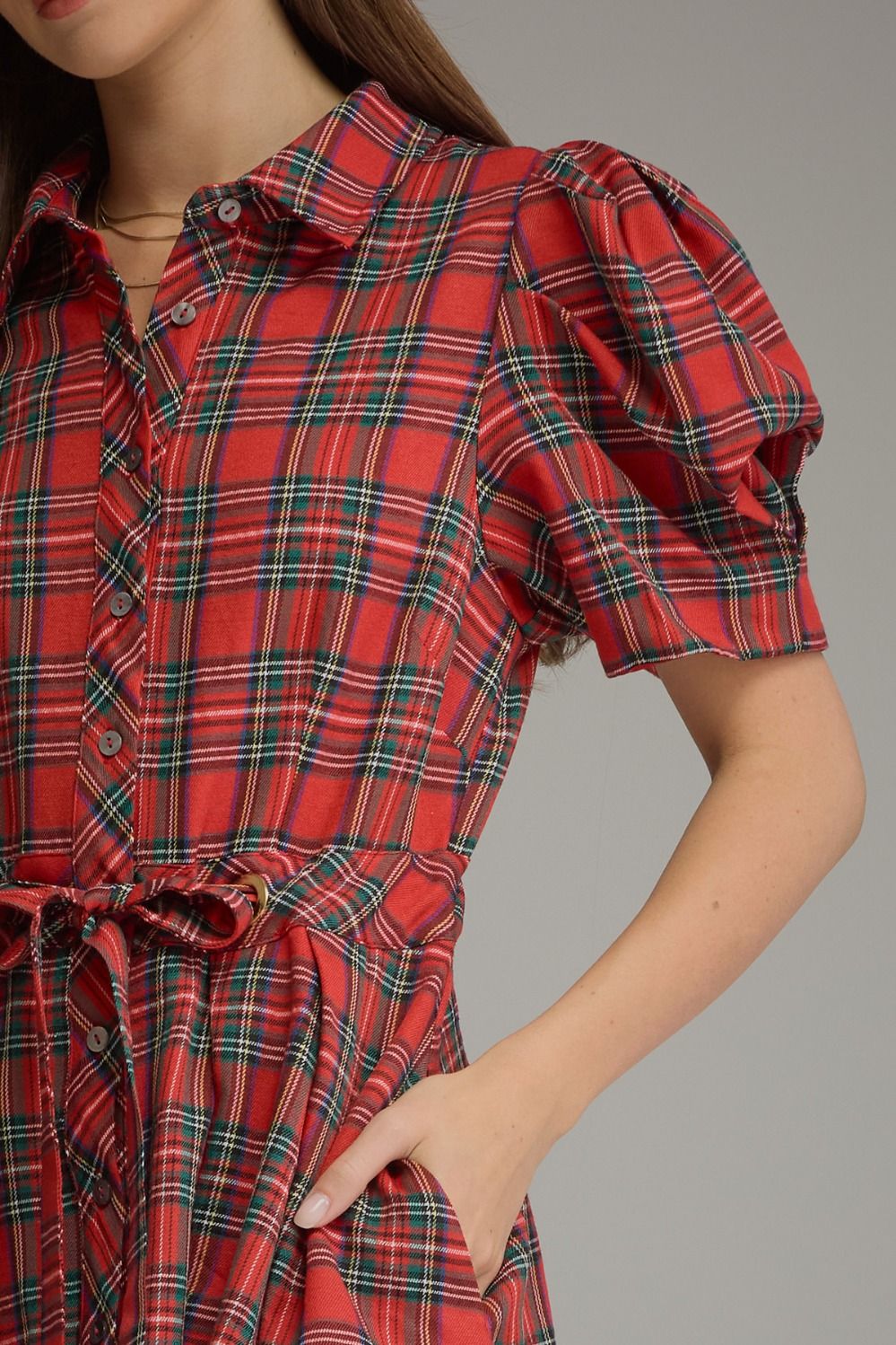 Pretty in Plaid Puff Sleeve Dress Red