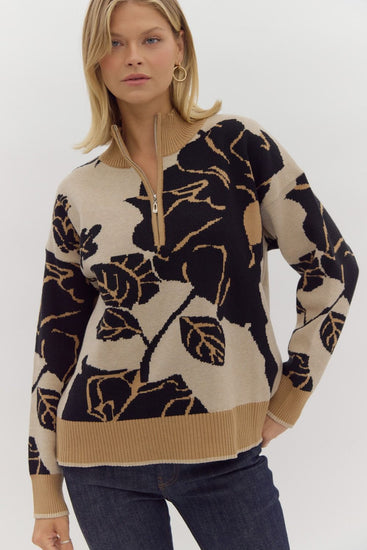 Majestic Floral Mock Neck Half Zip Sweater