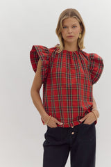 Festive Night Flutter Sleeve Plaid Top Red