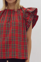 Festive Night Flutter Sleeve Plaid Top Red