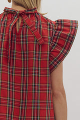 Festive Night Flutter Sleeve Plaid Top Red