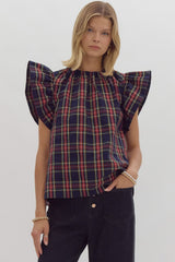 Festive Night Flutter Sleeve Plaid Top Navy